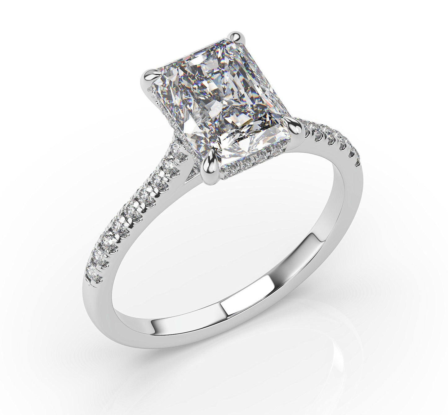 Radiant White Gold Hidden Halo Moissanite Engagement Ring