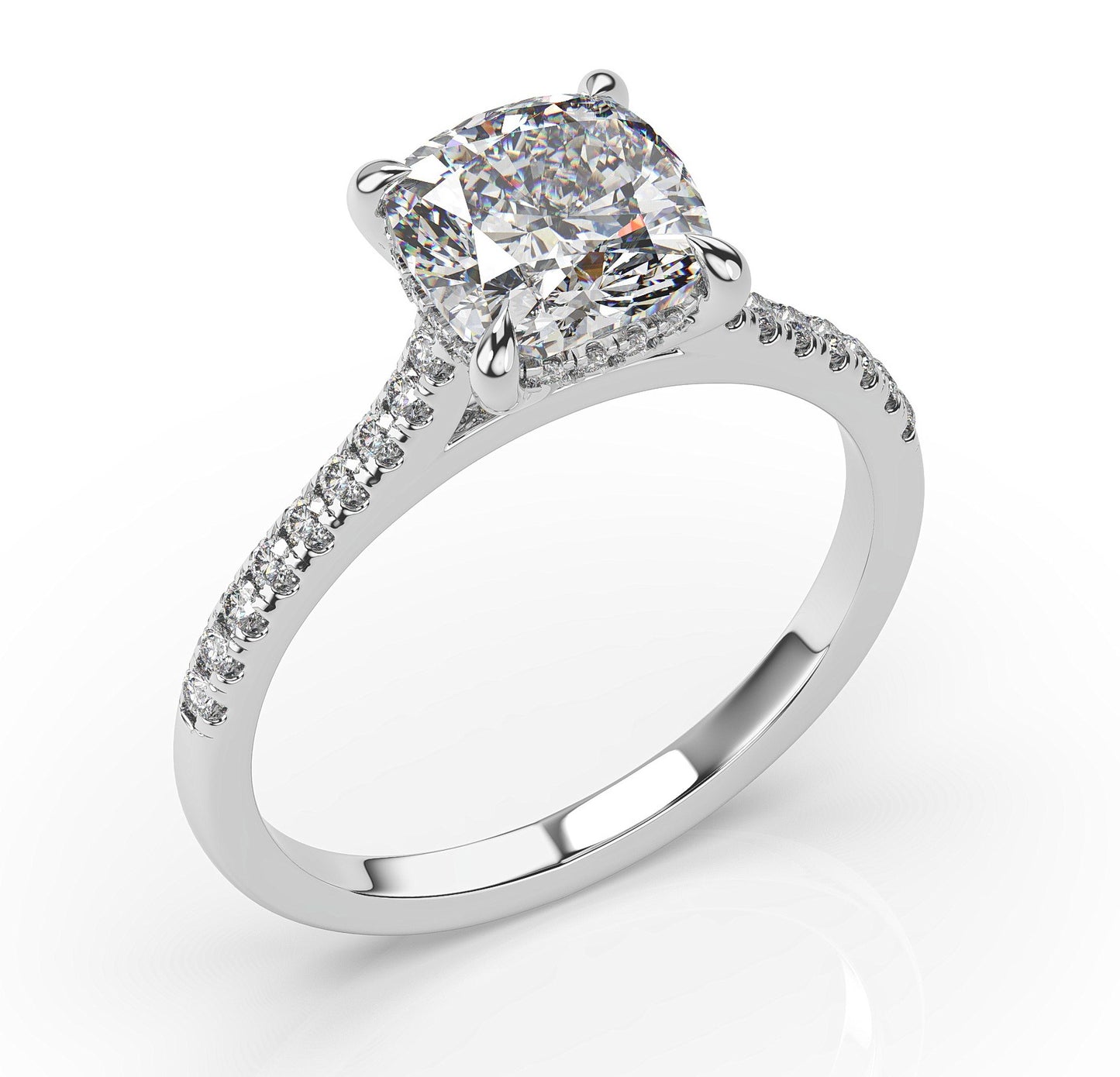 Cushion White Gold Hidden Halo Moissanite Engagement Ring