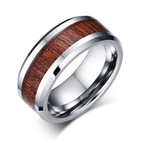 Tungsten Silver & Wood 8mm Men's Ring