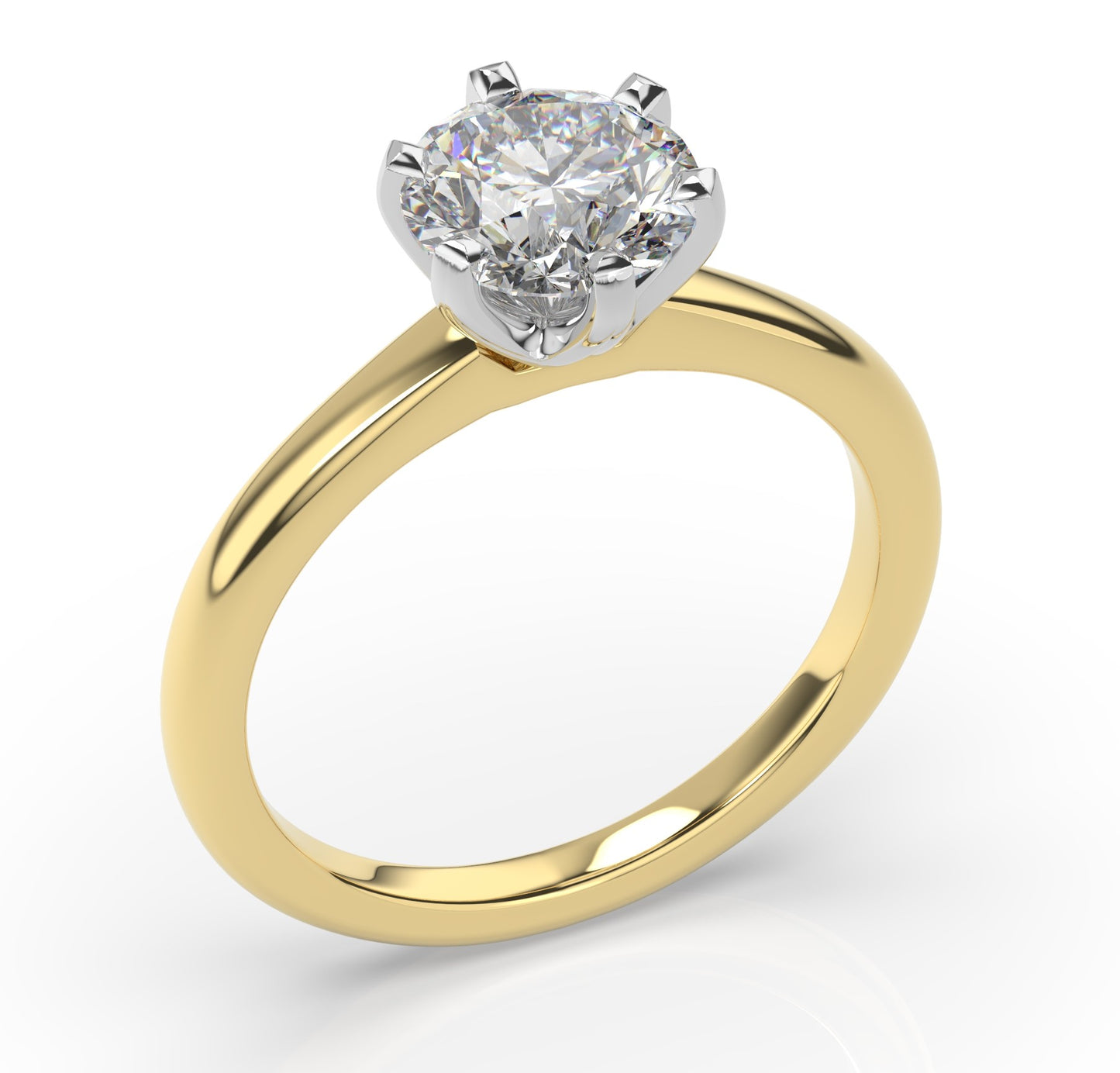 Round Brilliant White & Yellow Gold Six Claw Solitaire Moissanite Engagement Ring