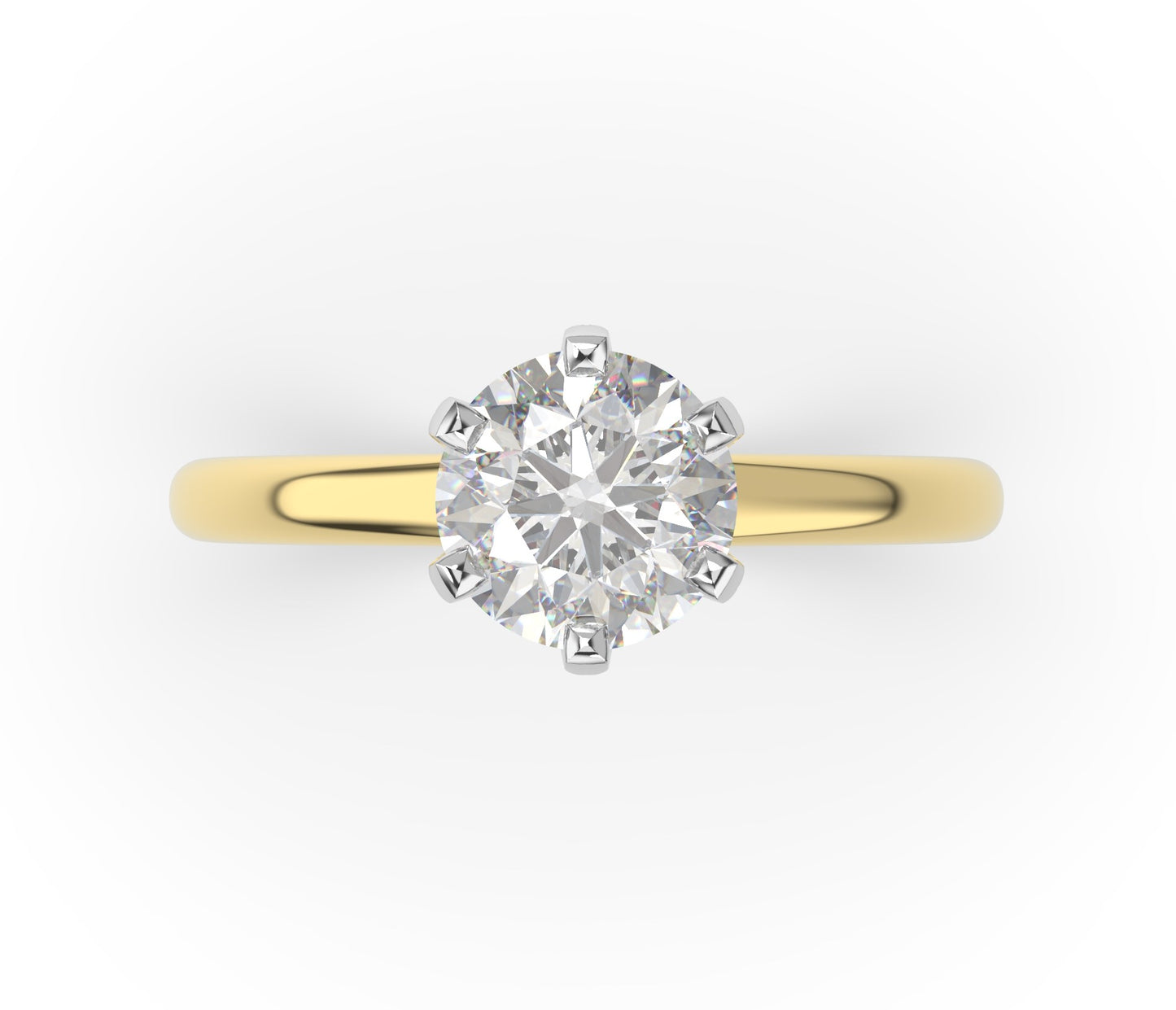 Round Brilliant White & Yellow Gold Six Claw Solitaire Moissanite Engagement Ring