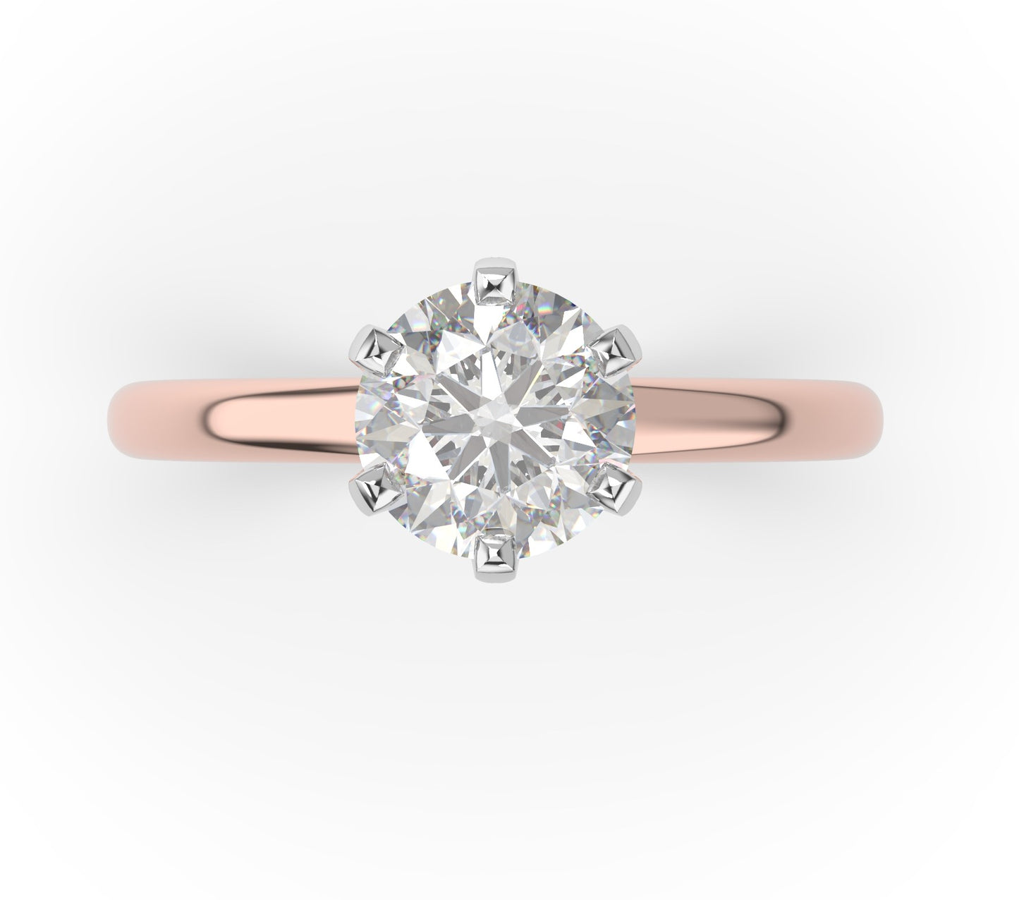Round Brilliant White & Rose Gold Six Claw Solitaire Moissanite Engagement Ring
