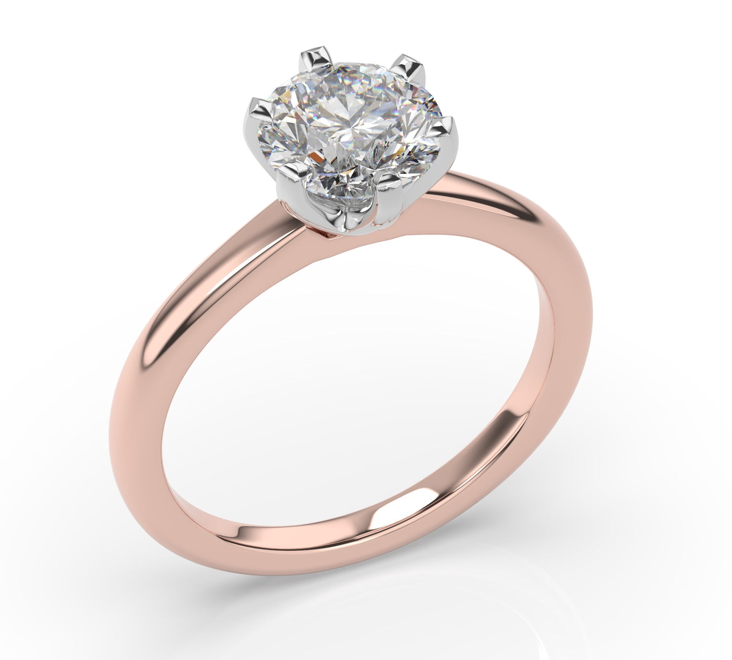 Round Brilliant White & Rose Gold Six Claw Solitaire Moissanite Engagement Ring
