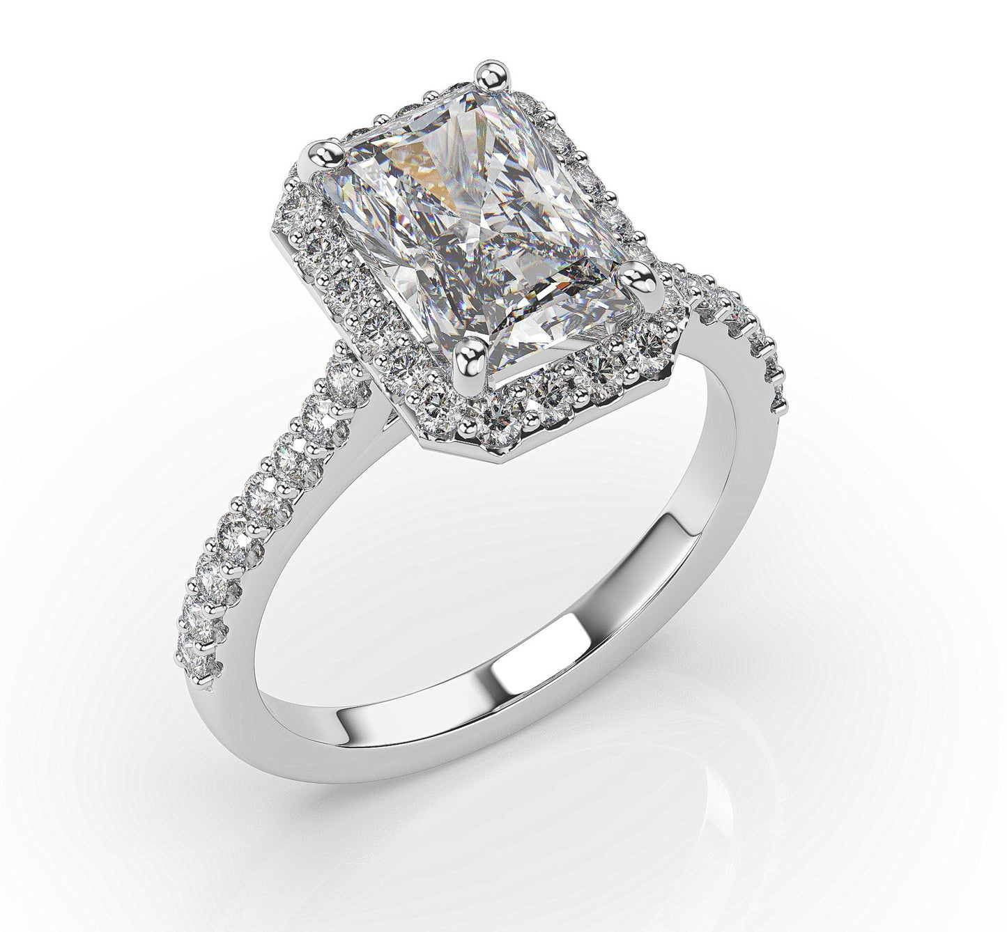 Radiant White Gold Halo Moissanite Engagement Ring