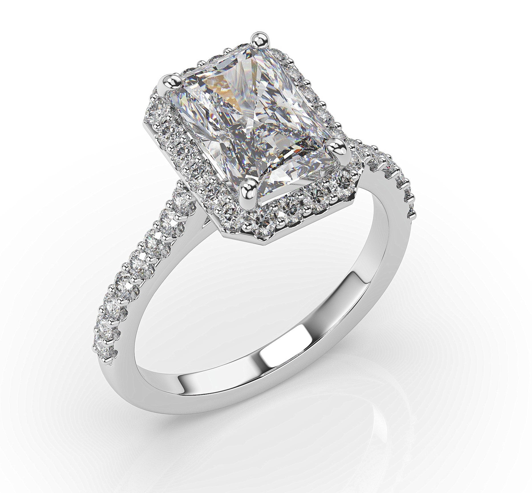 Radiant White Gold Halo Moissanite Engagement Ring