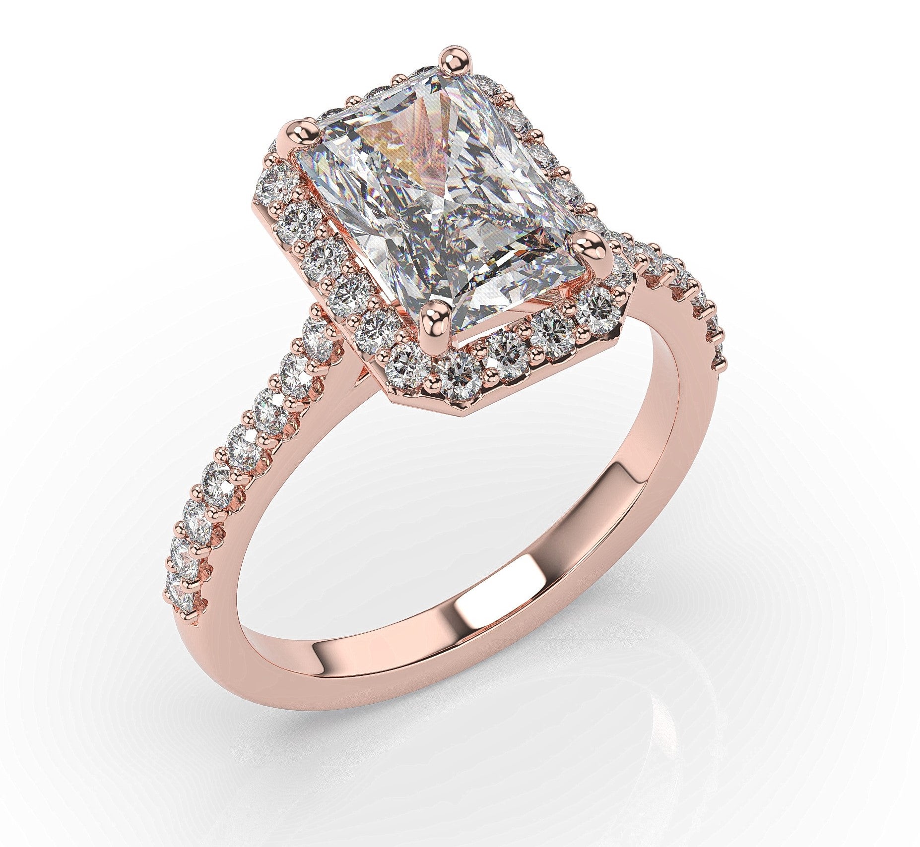 Radiant Rose Gold Halo Moissanite Engagement Ring
