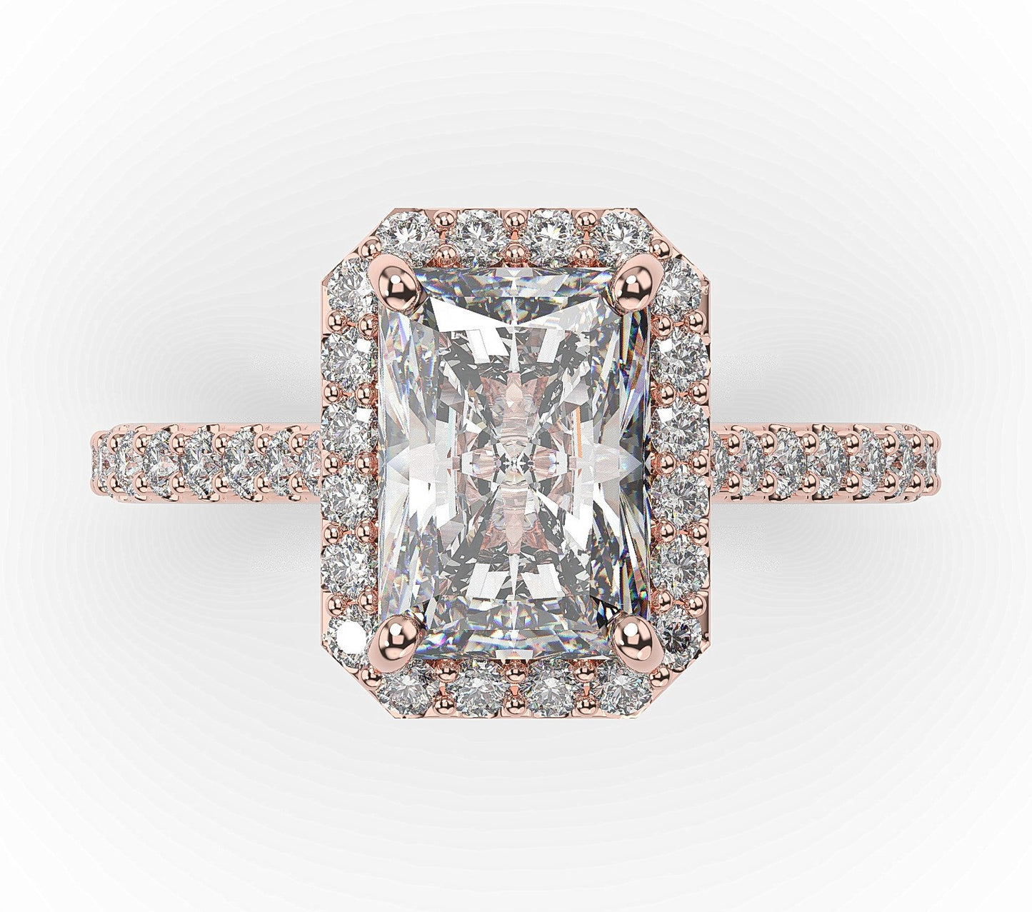 Radiant Rose Gold Halo Moissanite Engagement Ring