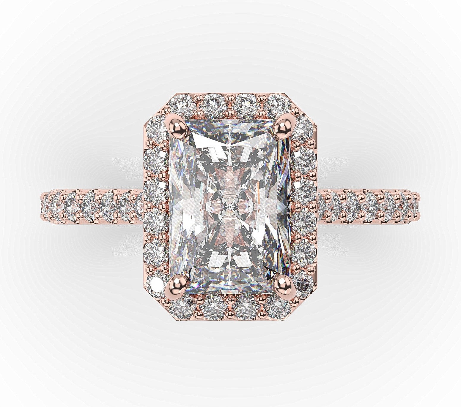 Radiant Rose Gold Halo Moissanite Engagement Ring