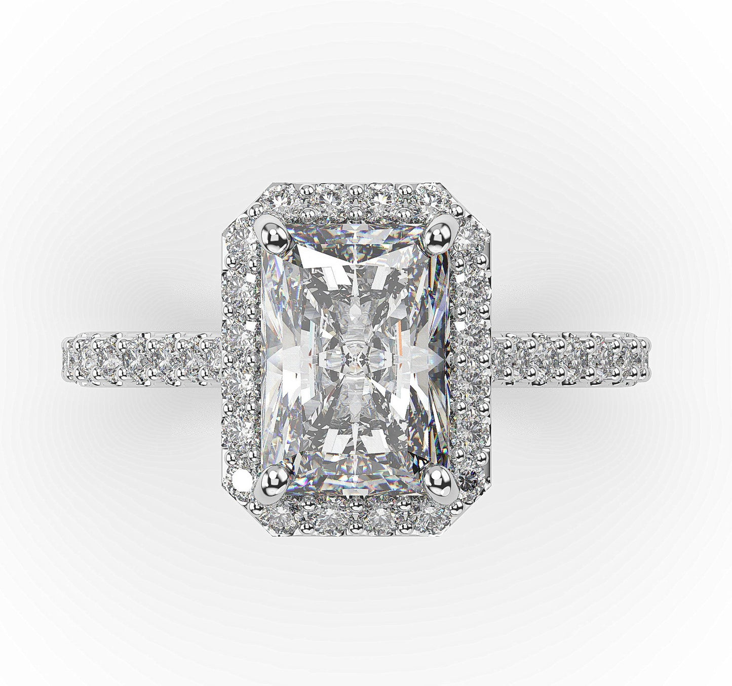 Radiant White Gold Halo Moissanite Engagement Ring
