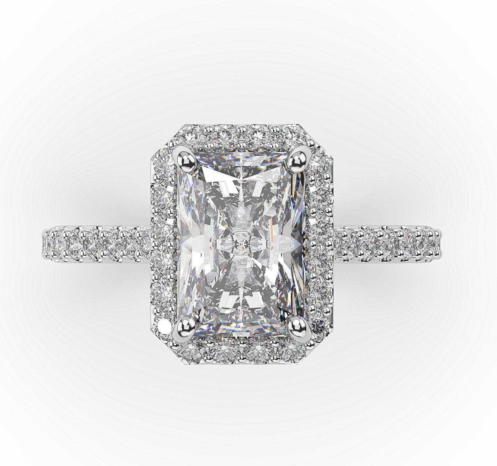 Radiant White Gold Halo Moissanite Engagement Ring