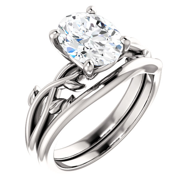 Oval Solitaire Leaf Design Engagement Ring - I Heart Moissanites