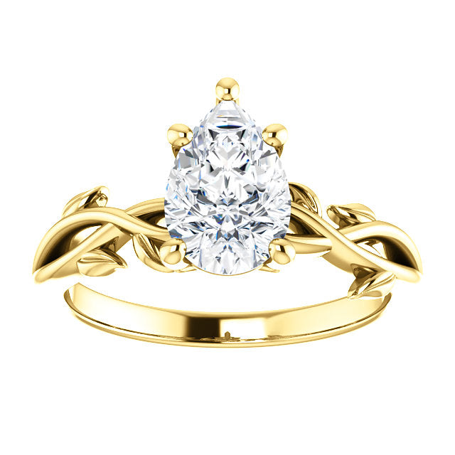 Pear Solitaire Leaf Design Engagement Ring - I Heart Moissanites