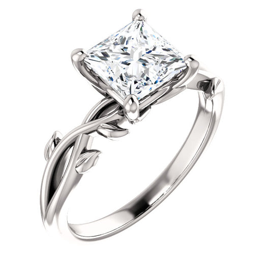 Princess Solitaire Leaf Design Engagement Ring - I Heart Moissanites