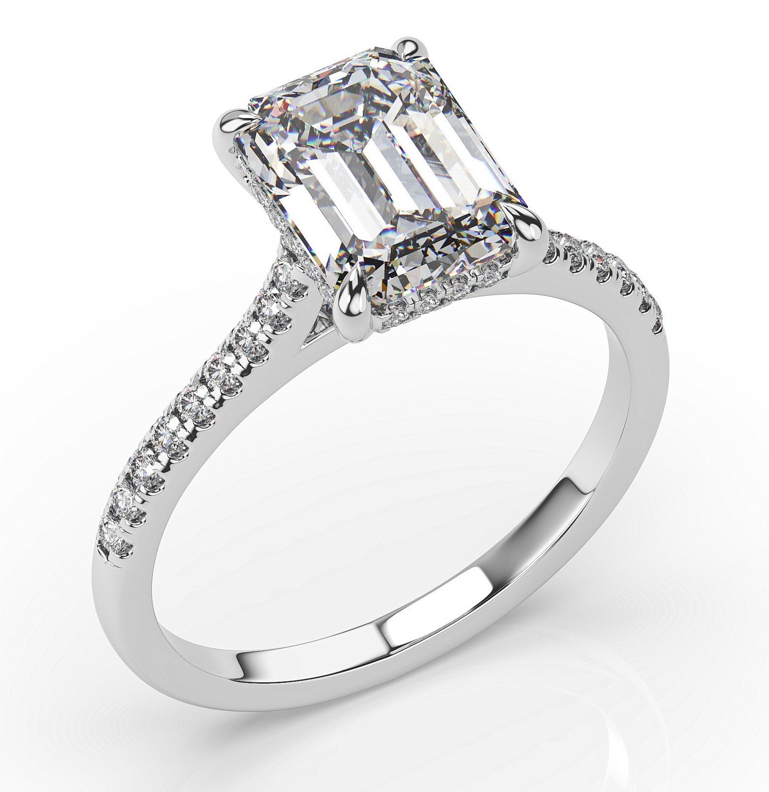 Emerald White Gold Hidden Halo Moissanite Engagement Ring 