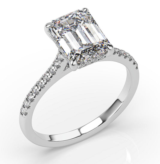 Emerald White Gold Hidden Halo Moissanite Engagement Ring 