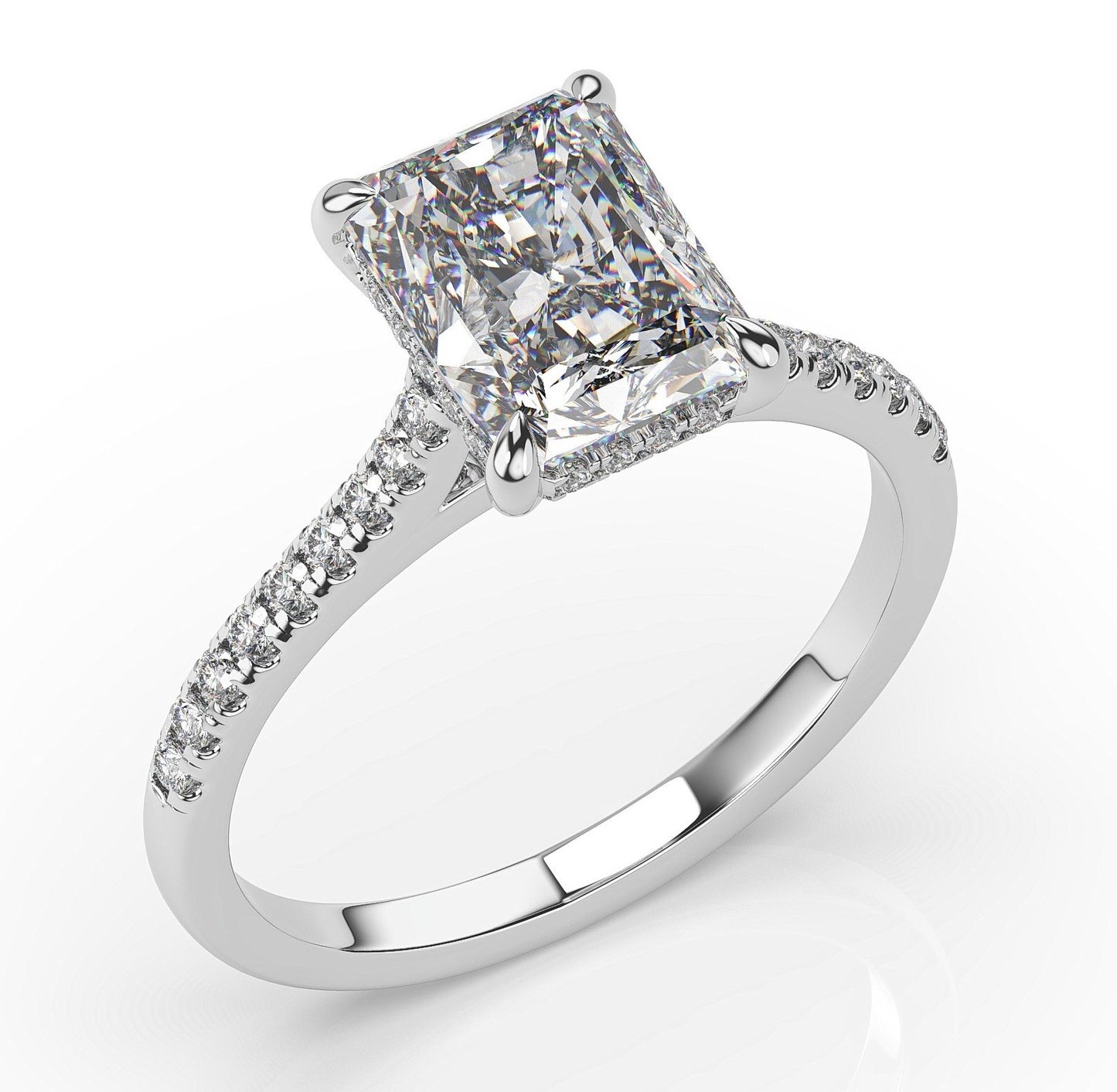 Radiant White Gold Hidden Halo Moissanite Engagement Ring 