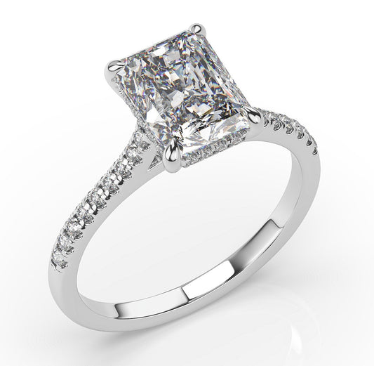 Radiant White Gold Hidden Halo Moissanite Engagement Ring 