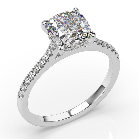 Cushion White Gold Hidden Halo Moissanite Engagement Ring 