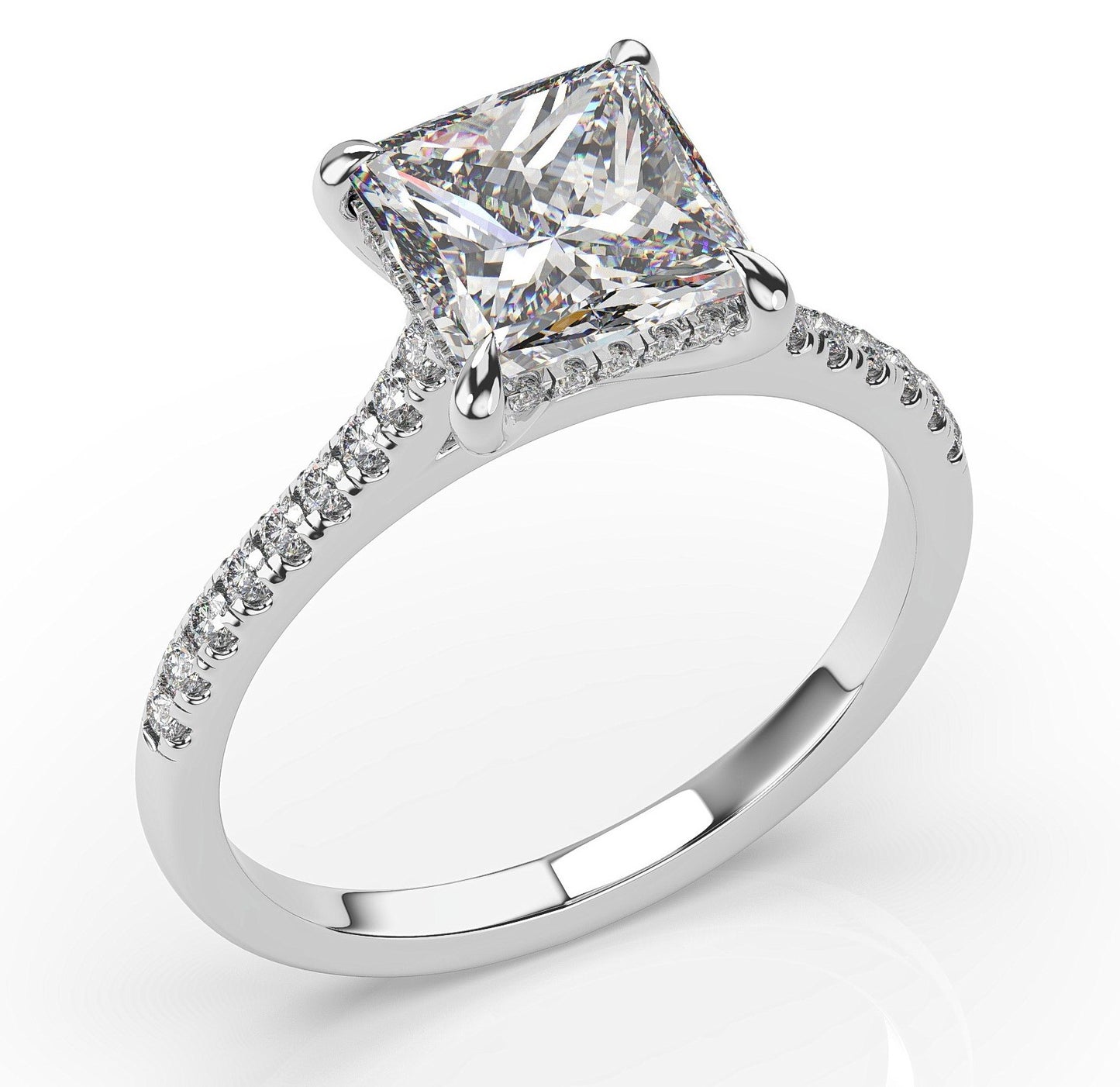 Princess White Gold Hidden Halo Moissanite Engagement Ring 
