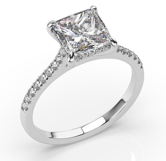 Princess White Gold Hidden Halo Moissanite Engagement Ring 