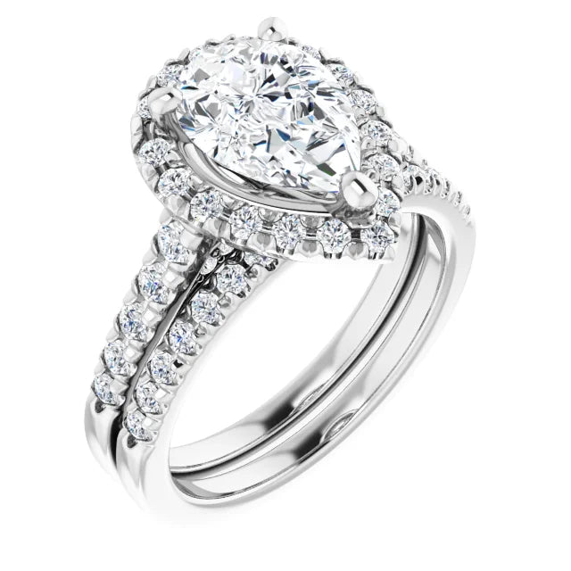 Custom Pear Halo Style Engagement Ring & Wedding Band