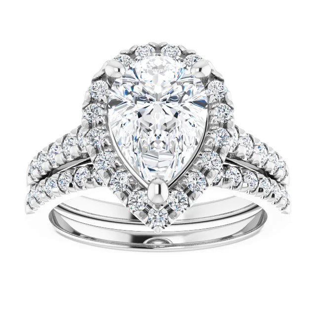 Custom Pear Halo Style Engagement Ring & Wedding Band