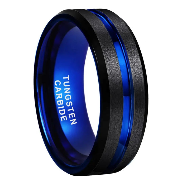 Tungsten Black & Blue Brushed & Polished Mens Ring