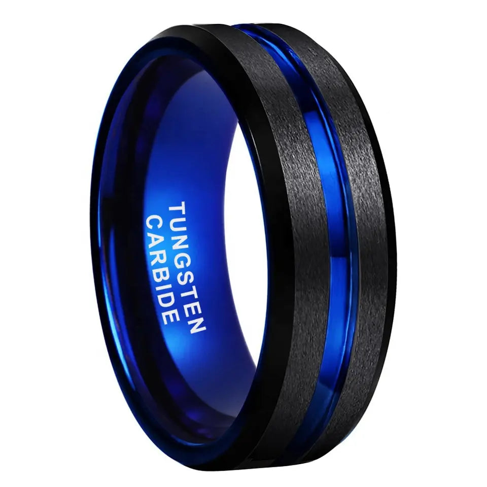 Tungsten Black Blue Brushed Polished Mens Ring