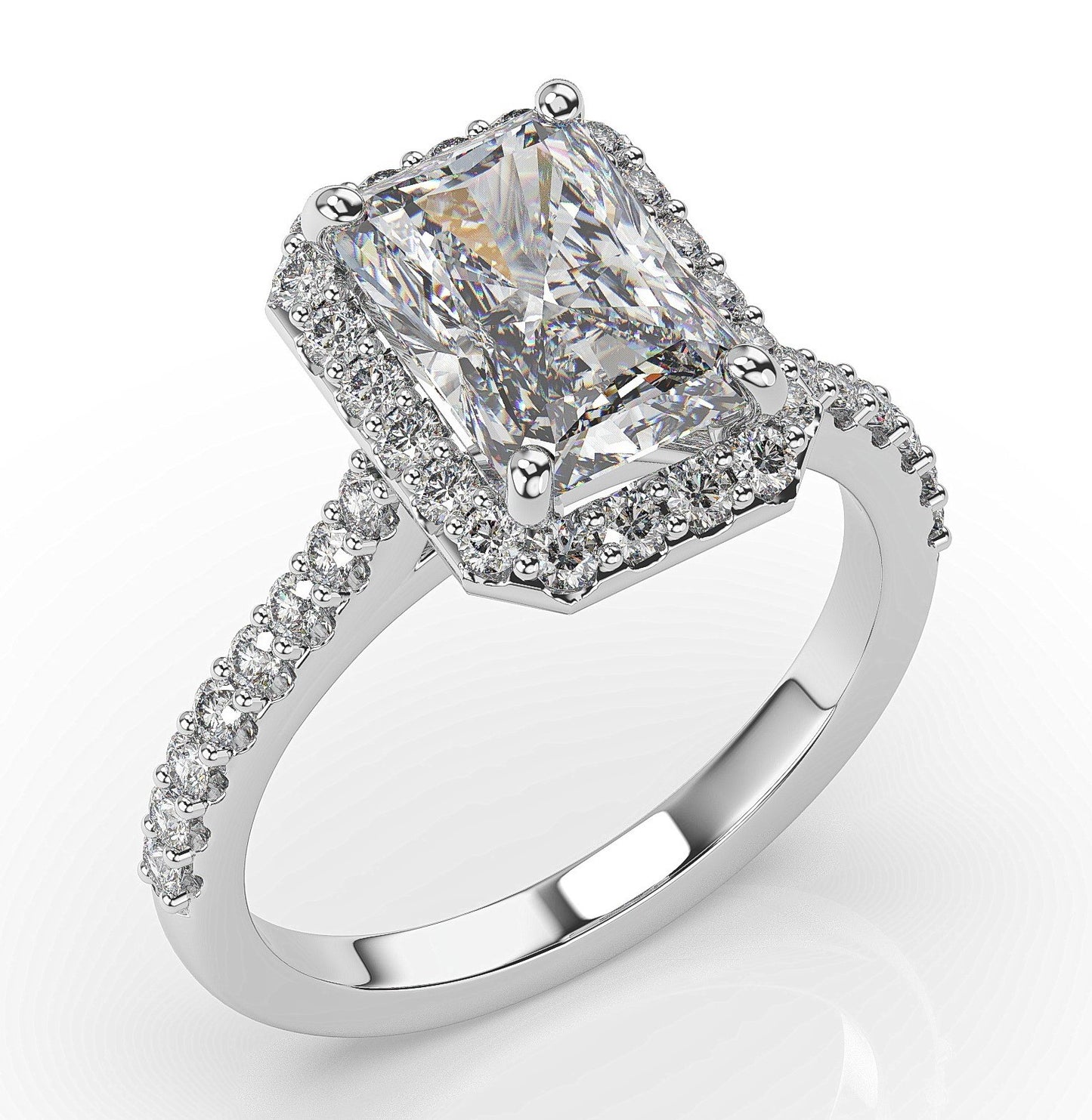 Radiant White Gold Halo Moissanite Engagement Ring 
