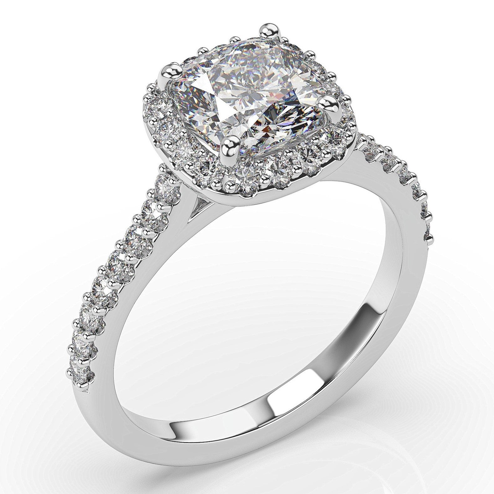 Cushion White Gold Halo Moissanite Engagement Ring 