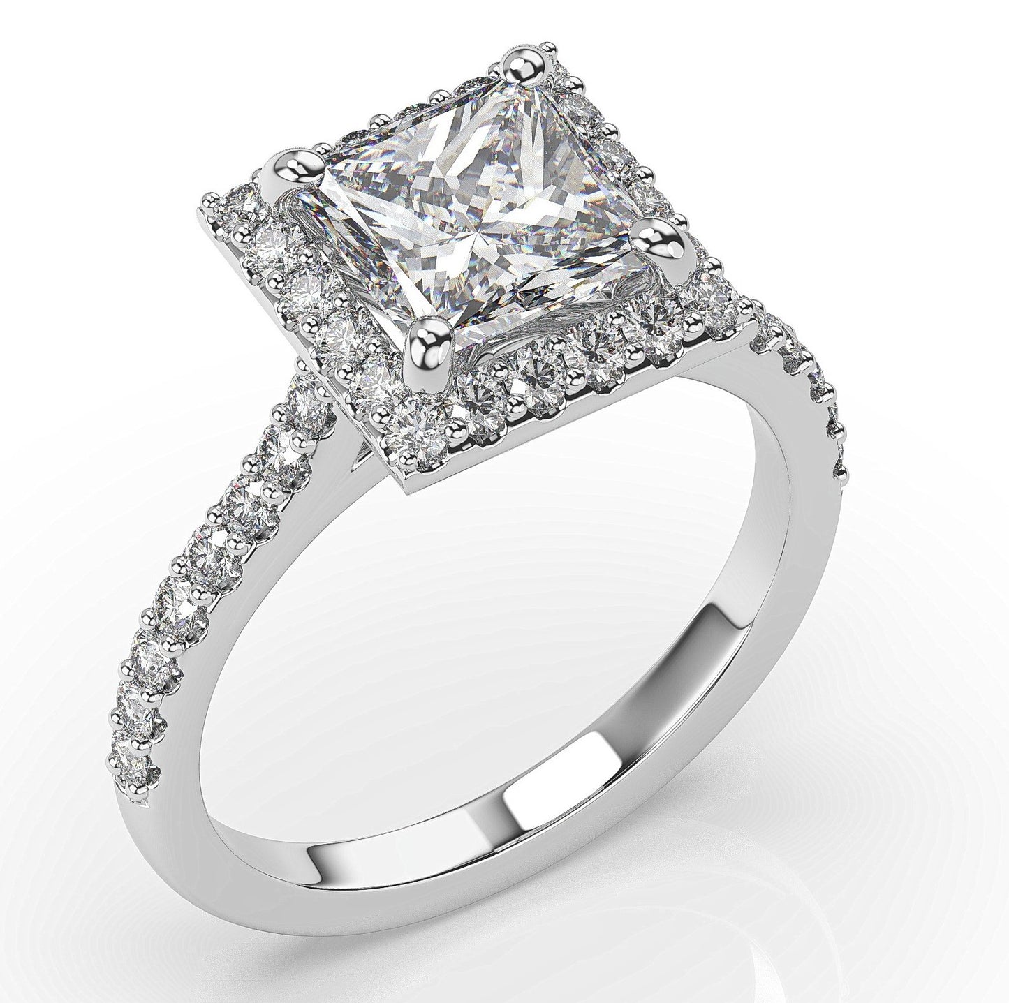 Princess White Gold Halo Moissanite Engagement Ring 
