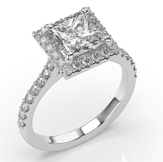 Princess White Gold Halo Moissanite Engagement Ring 
