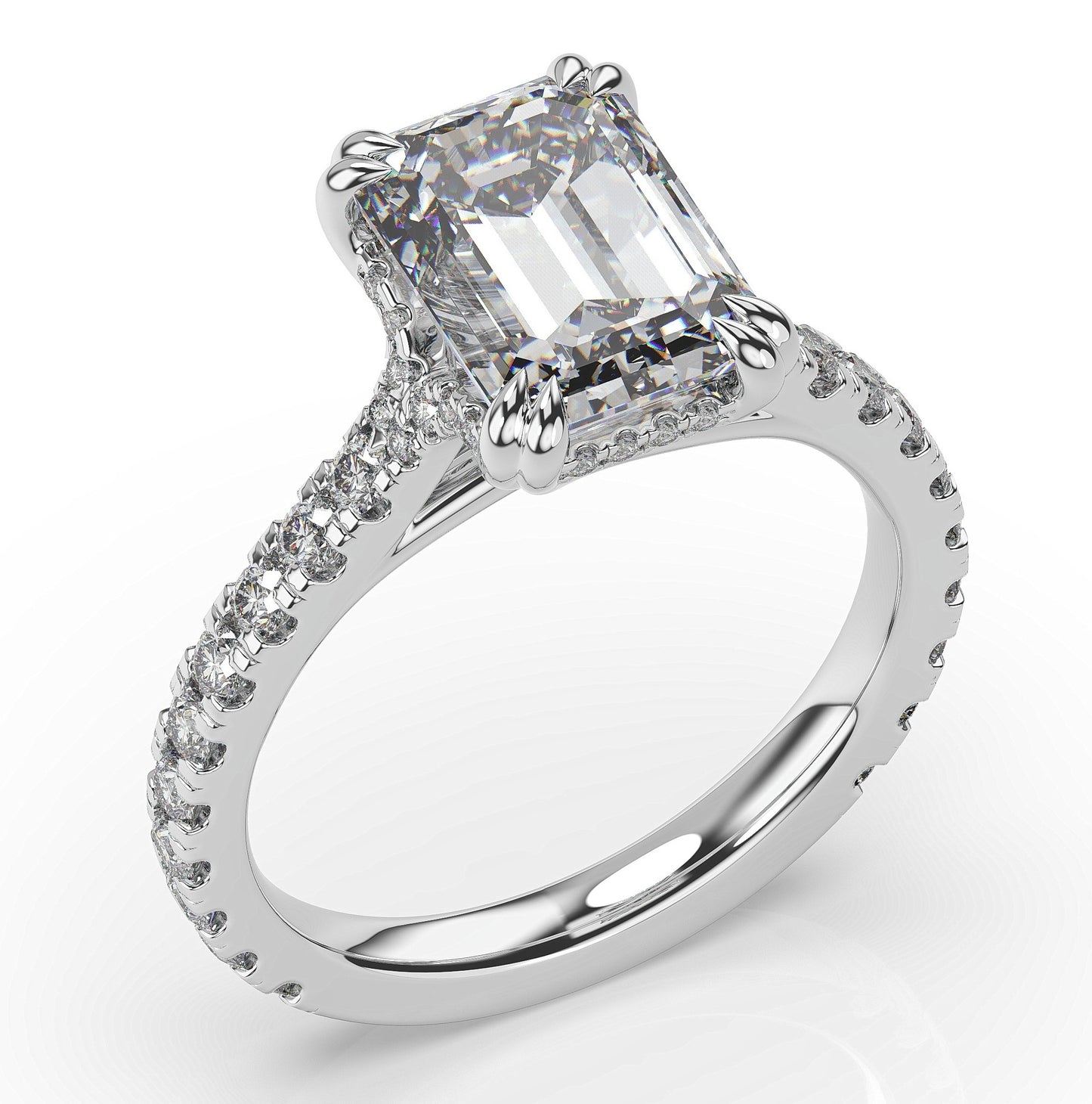 Emerald White Gold Pave Moissanite Engagement Ring