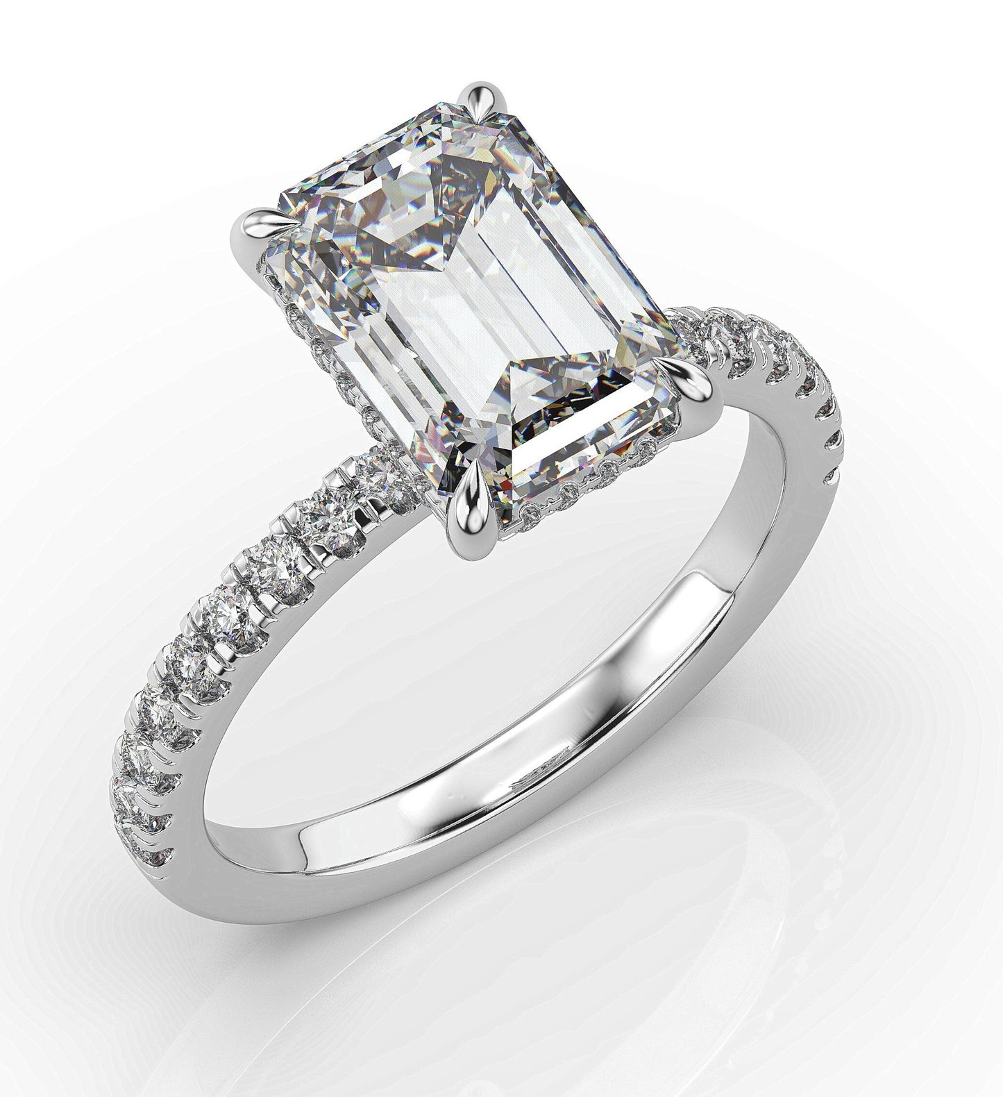 Emerald White Gold Pave Moissanite Engagement Ring 