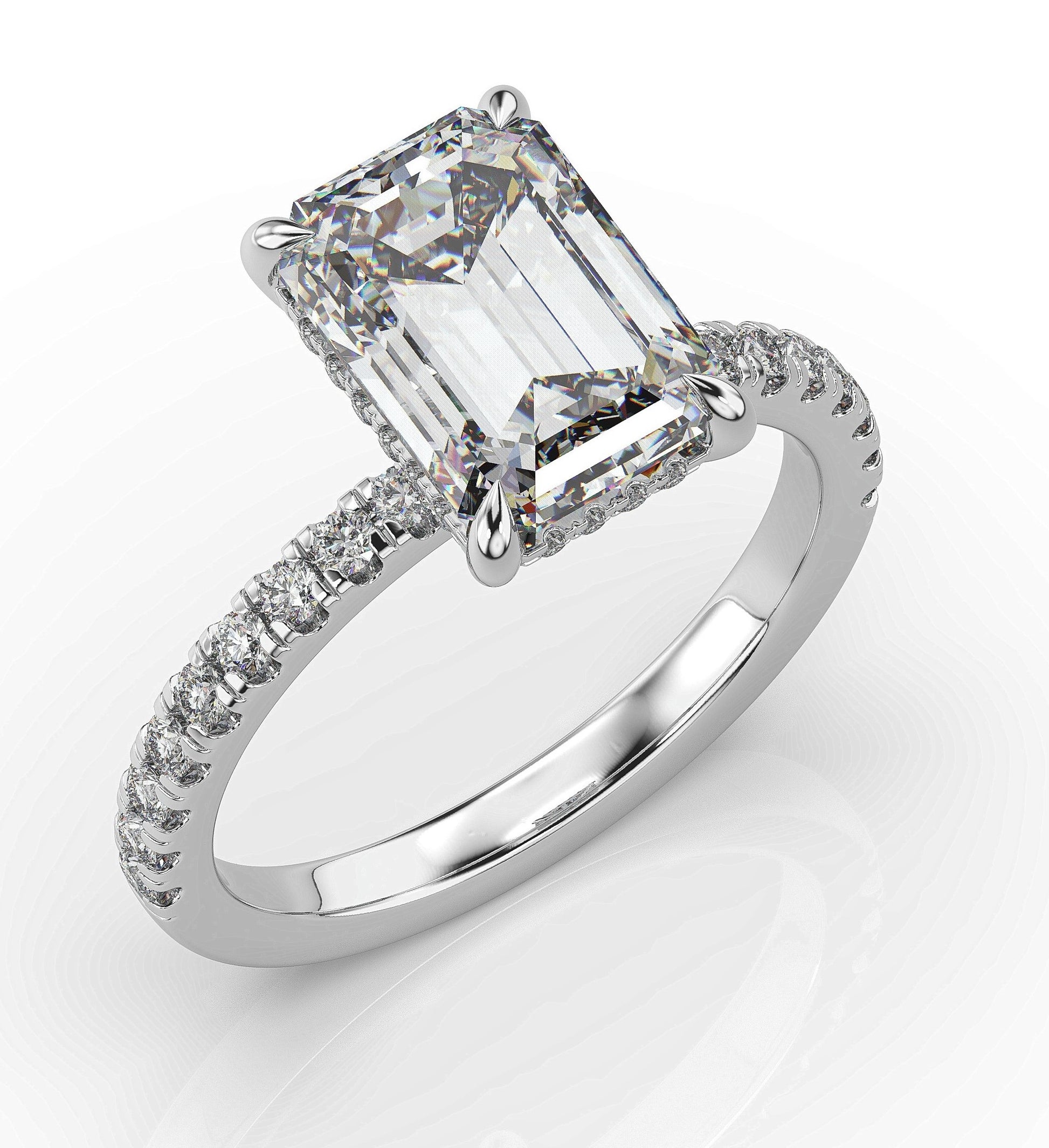 Emerald White Gold Pave Moissanite Engagement Ring 