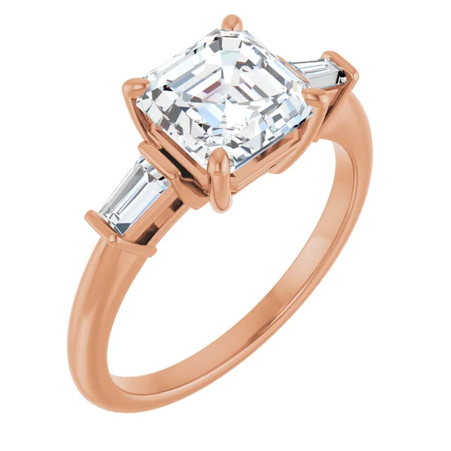 Asscher Rose Gold Baguette Accent Moissanite Engagement Ring 
