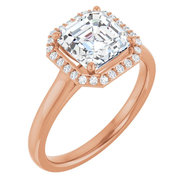 Asscher Halo Solitaire Engagement Ring Rose Gold. Moissanite