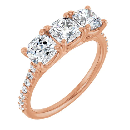 Cushion Tri -Stone Style Engagement Ring