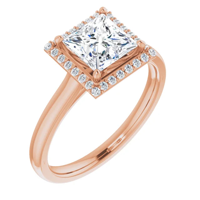 Rose Gold Princess Halo Solitaire Engagement Ring. Moissanite  