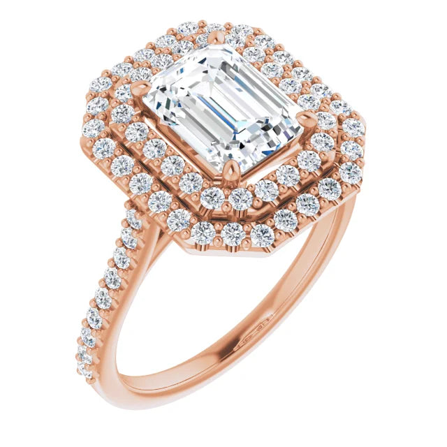 Emerald Double Halo Rose Gold Moissanite Engagement Ring 