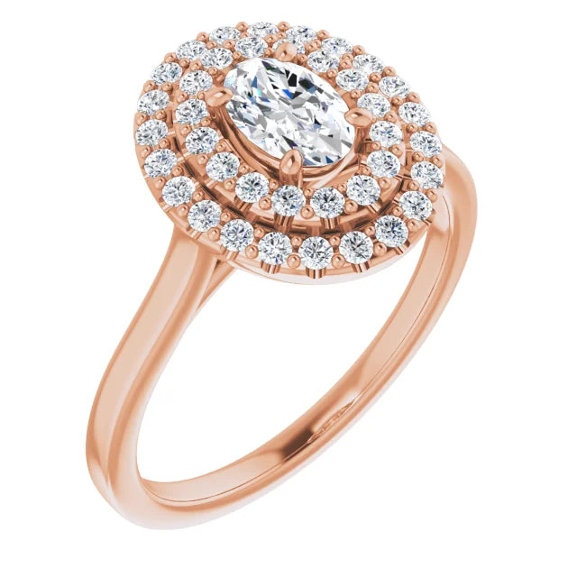 Oval Rose Gold Double Halo Solitaire Moissanite Engagement Ring 