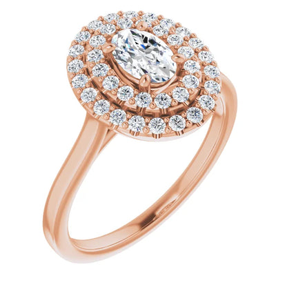 Oval Rose Gold Double Halo Solitaire Moissanite Engagement Ring 