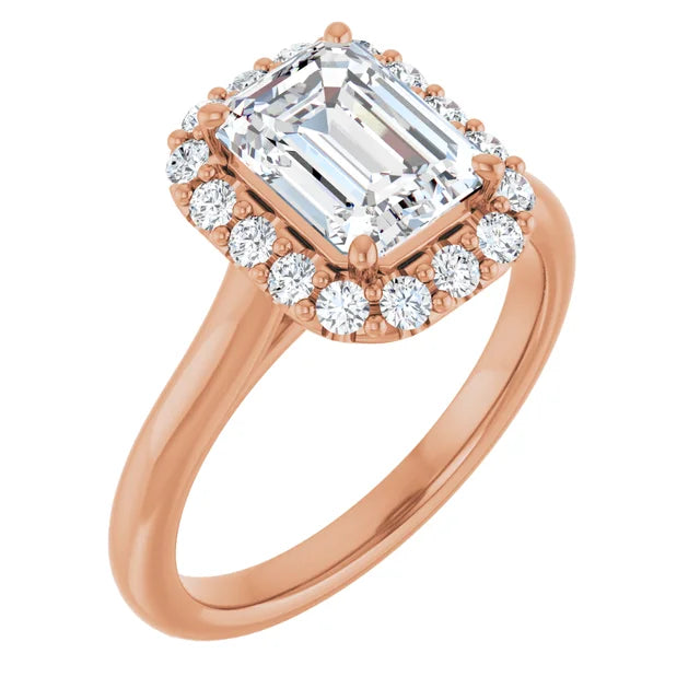 Emerald Halo Solitaire Rose Gold Moissanite Engagement Ring 