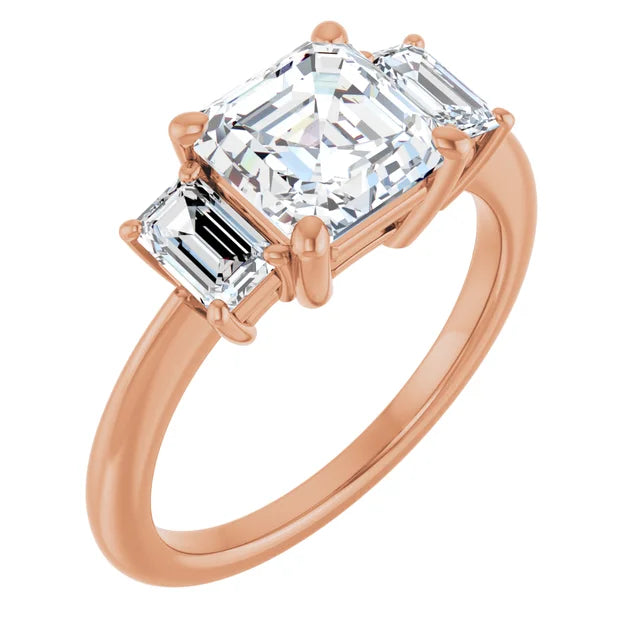 Asscher Rose Gold Tri Stone Moissanite Engagement Ring 