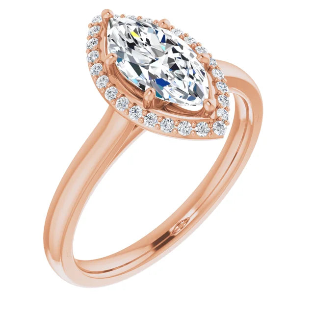 Rose Gold Marquise Halo Solitaire Engagement Ring. Moissanite 