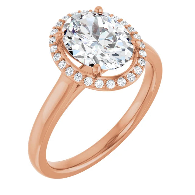 Rose Gold Oval Halo Solitaire Engagement Ring. Moissanite  