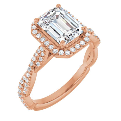 Emerald Rose Gold Halo Twist Pave Moissanite Engagement Ring 
