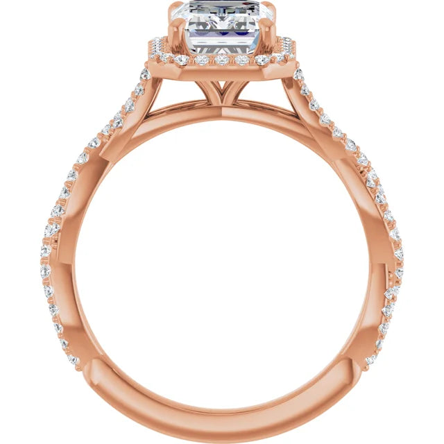 Emerald Rose Gold Halo Twist Pave Moissanite Engagement Ring 