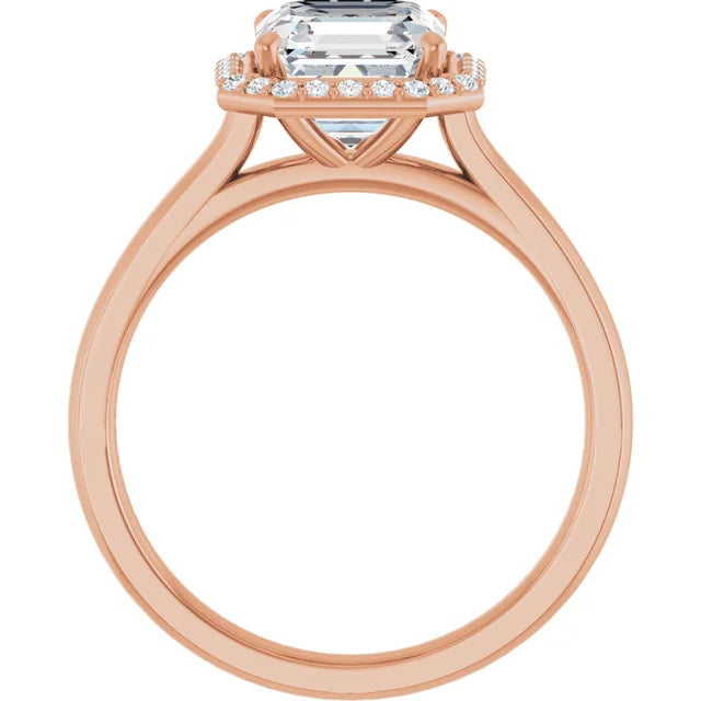 Asscher Halo Solitaire Engagement Ring Rose Gold. Moissanite