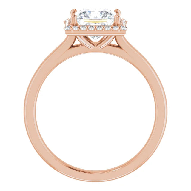 Rose Gold Princess Halo Solitaire Engagement Ring. Moissanite  